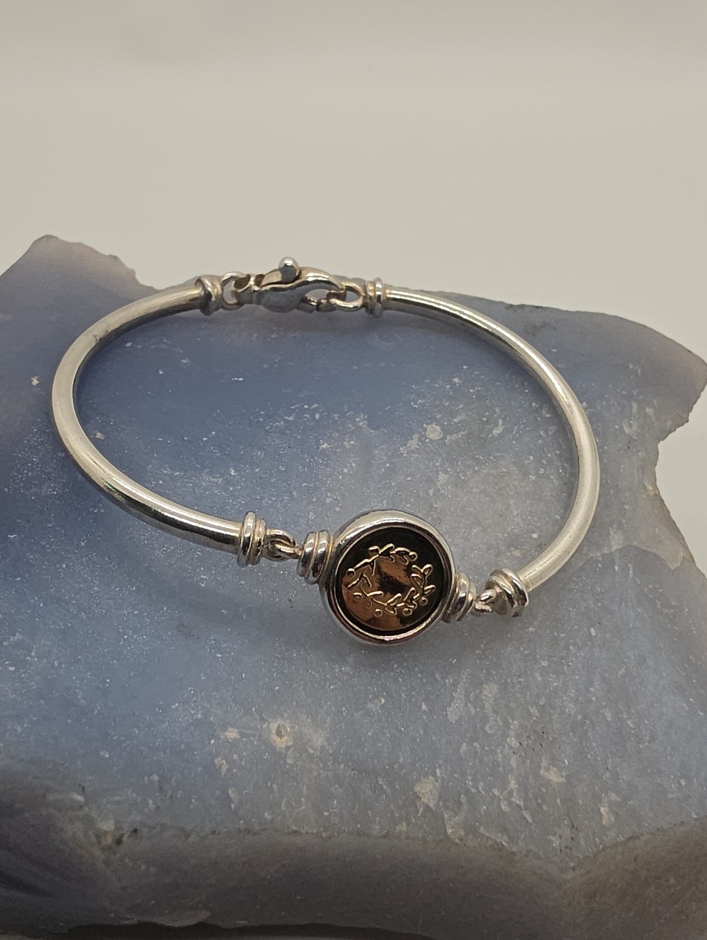 Sterling Silver Bangle with Gold Accent Medallion - Two-Tone Bracelet.